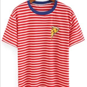 Contrast neck pizza print striped t-shirt